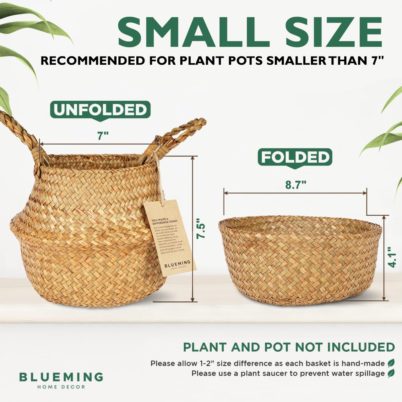 Basket Planter for Indoor Plants – 7 Inch Small Woven Wicker Pot for Olive Tree, Faux Plants, or Snake Plant, Handwoven Seagrass Basket with Handles (Original, Small)
