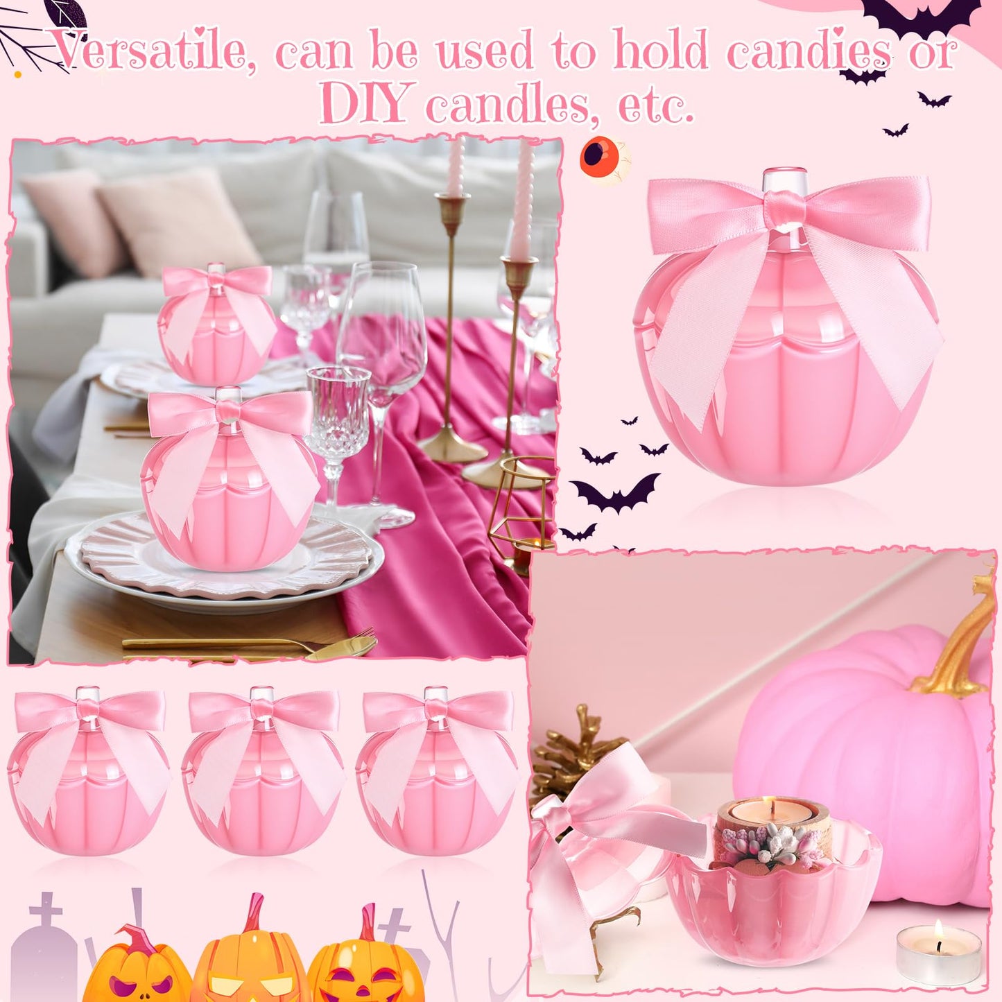 Mimorou 8 Set 4 Set Thanksgiving Candy Bowl with Lids Pink Glass Pumpkin Candy Jar with Bow for Thanksgiving Day Table Centerpiece Decoration