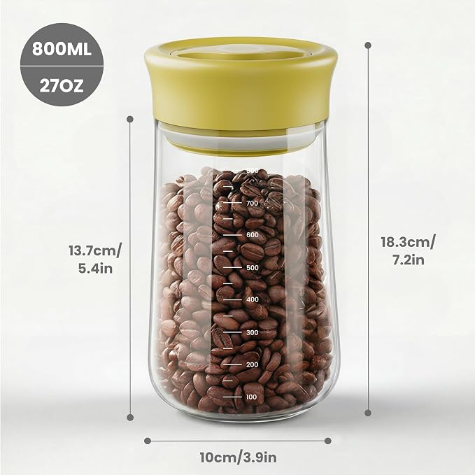 LAKUMIQI Overnight Oats Containers with Lids, 27oz Glass Jars with Airtight Lids, One-Hand 90° Twist-Off Wide Mouth Food Storage for Coffee Bean, Chia Pudding, Meal Prep, Pantry, Yellow