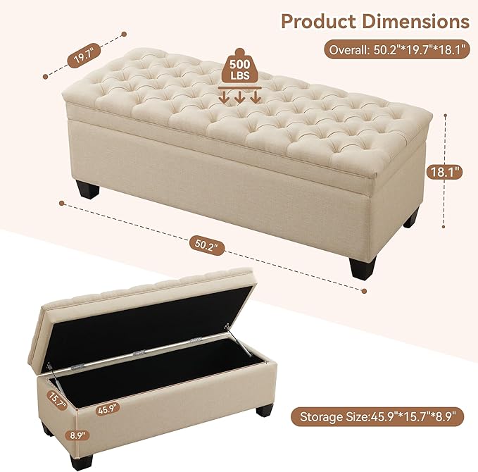 WUTUTUEE 51" Fabric Storage Ottoman Bench, Upholstered Rectangle End of Bed