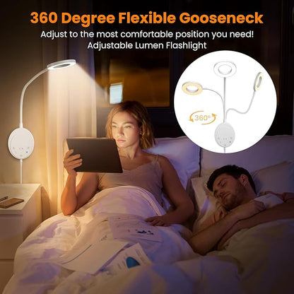 Wall Mounted Reading Light,Bedside Headboard Lights with 5 Color Temperature &5 Dimming,360°Flexible Gooseneck,USB Output, Night Light&Timer Function- Perfect for Reading (White)