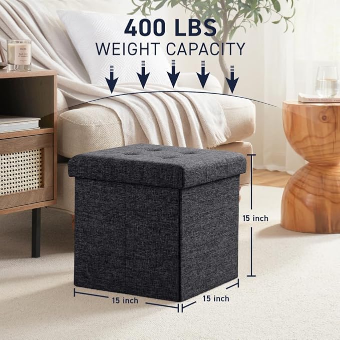Ornavo Home 2 Pack 15 Inch Folding Storage Ottoman, Square Cube Linen Small