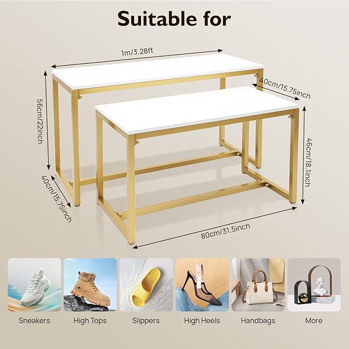 2pcs Gold Retail Display Nesting Tables, Shoes Handbag Metal Display Riser Shelf