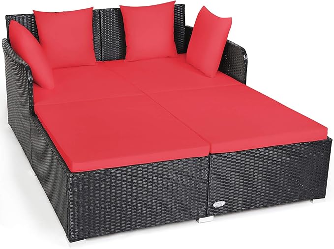 COSTWAY Outdoor Patio Rattan Daybed, Sponge Cushioned Loveseat Sofa