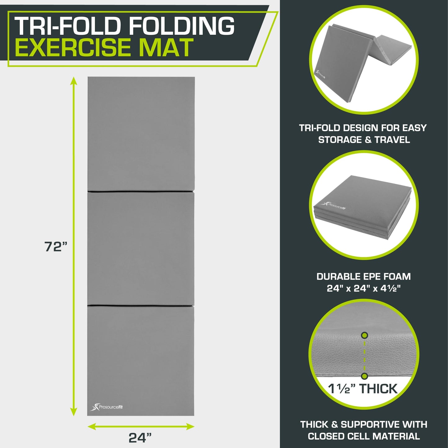 ProsourceFit Tri-Fold Folding Thick Exercise Mat 6’x2’ with Carrying Handles for MMA, Gymnastics Core Workouts