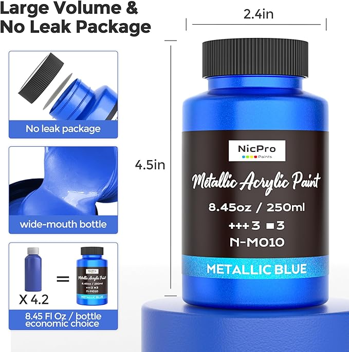 Nicpro Metallic Blue Acrylic Paint, 8.45oz/250ml Large Metallic Paint, Non Toxic