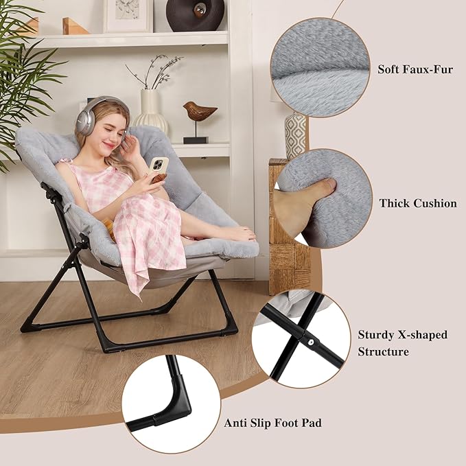 Comfy Saucer Chair for Adults, Soft Faux Fur Bedroom Chair, Accent Dorm Chairs