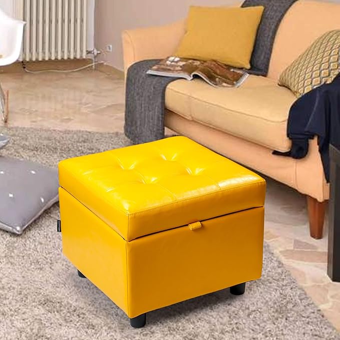 H&B Luxuries Tufted Leather Square Flip Top Storage Ottoman Cube Foot Rest