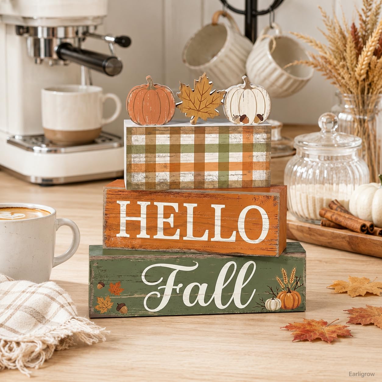 4 Pcs Fall Table Decorations, Hello Fall Tiered Tray Decor, Farmhouse Wooden Block Signs with Pumpkin & Maple Leaf, Rustic Buffalo Plaid Thanksgiving Tabletop Centerpiece for Home Kitchen Shelf