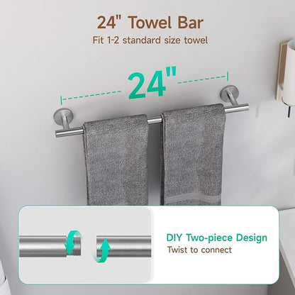 USHOWER Brushed Nickel Bathroom Hardware Set, Modern 24-Inch Towel Bar Set Wall Mounted, Durable SUS304 Stainless Steel Bathroom Accessories Set, 8-Piece