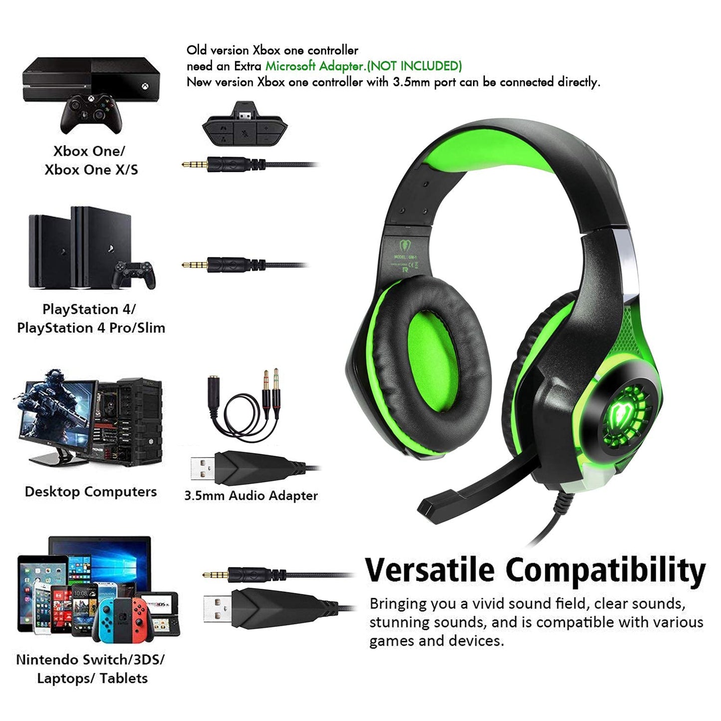 BlueFire Stereo Gaming Headset for PlayStation 4 PS4 PS5, Over-Ear Headphones with Mic and LED Lights for Xbox One, PC, Laptop(Green)