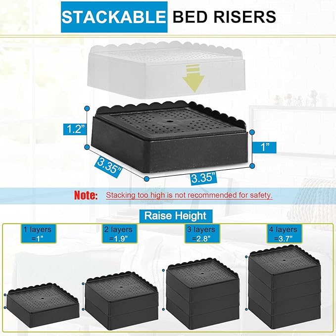 Bed Risers 1 inch, 2 inch, 3 inch, 4 inch Heavy Duty, Adjustable Furniture Riser