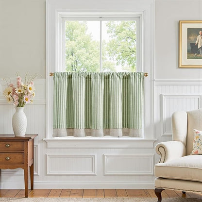 jinchan Double Layer Striped Linen Kitchen Tier Curtain Rustic Cafe for Living Room Bathroom Half Window Curtain Light Filtering Rod Pocket 1 Panel 24 Inch Sage Green