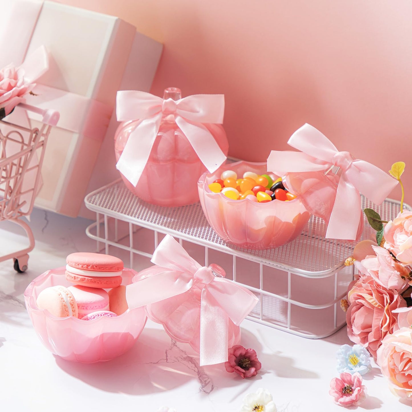 Mimorou 8 Set 4 Set Thanksgiving Candy Bowl with Lids Pink Glass Pumpkin Candy Jar with Bow for Thanksgiving Day Table Centerpiece Decoration