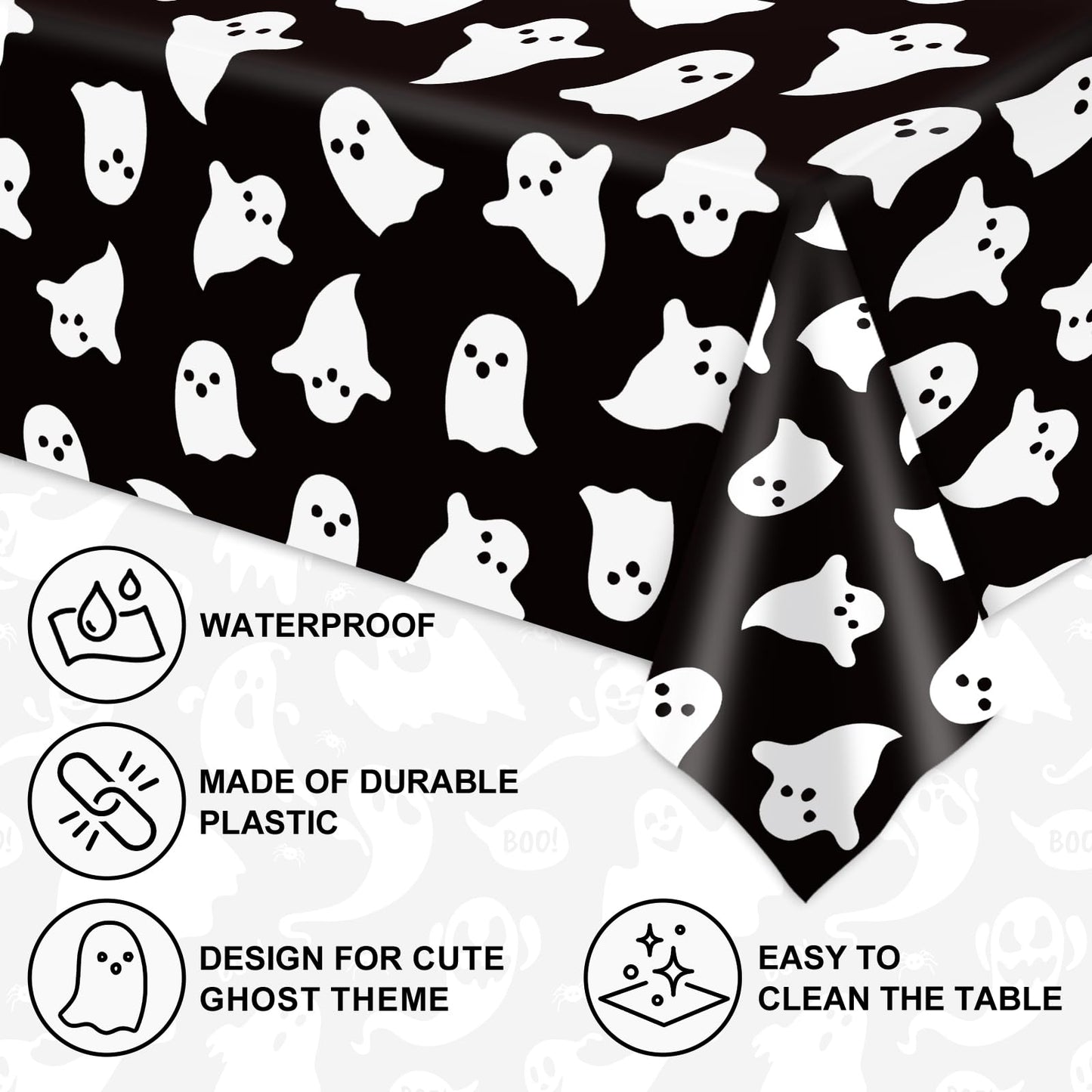 JarThenaAMCS 8 Pcs Halloween Plastic Tablecloths White Black Ghost Disposable Table Cover Spooky Rectangle Table Cloth for Trick or Treat Party Decor, 54 x 108 Inch