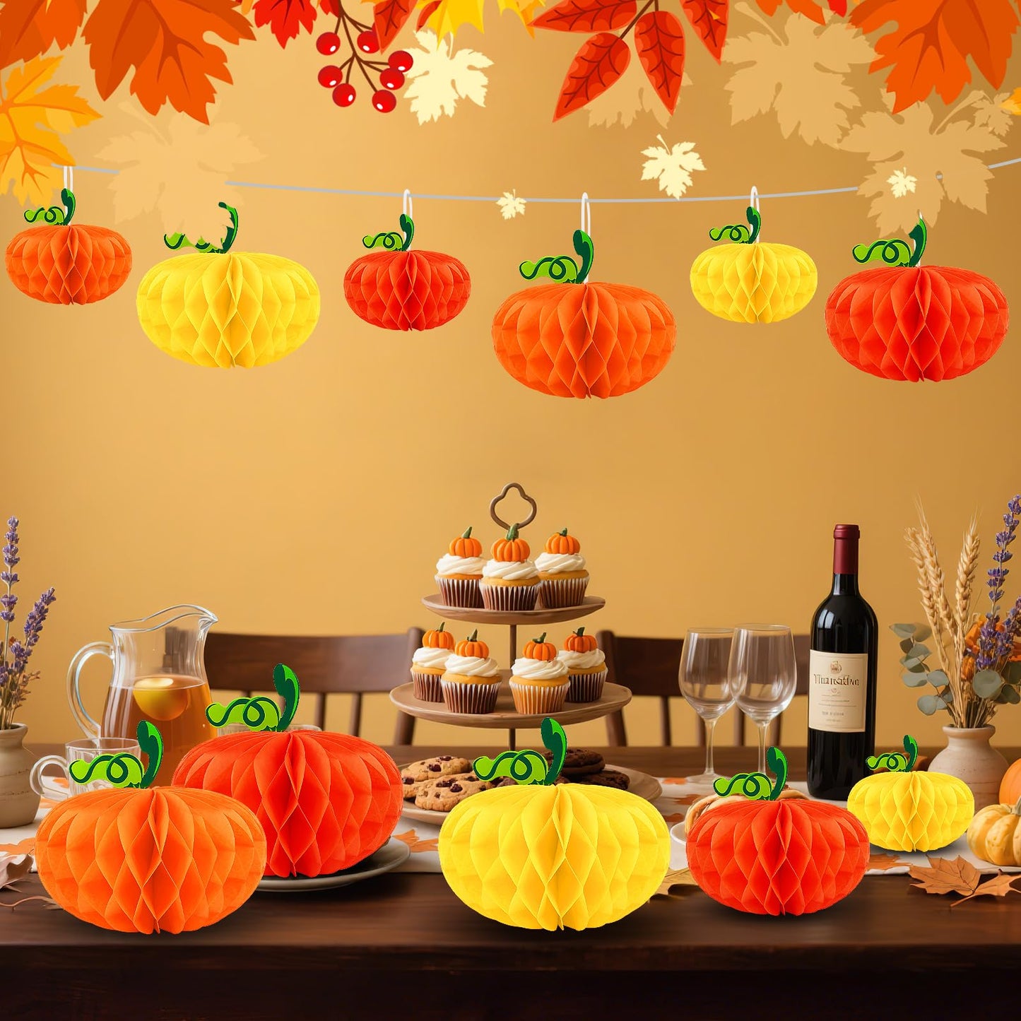 BOARDFEB 15PCS Pumpkin Honeycomb Decorations, Orange Red Yellow Honeycomb Fall Hanging Ornaments for Autumn Thanksgiving Party Favor Supplies