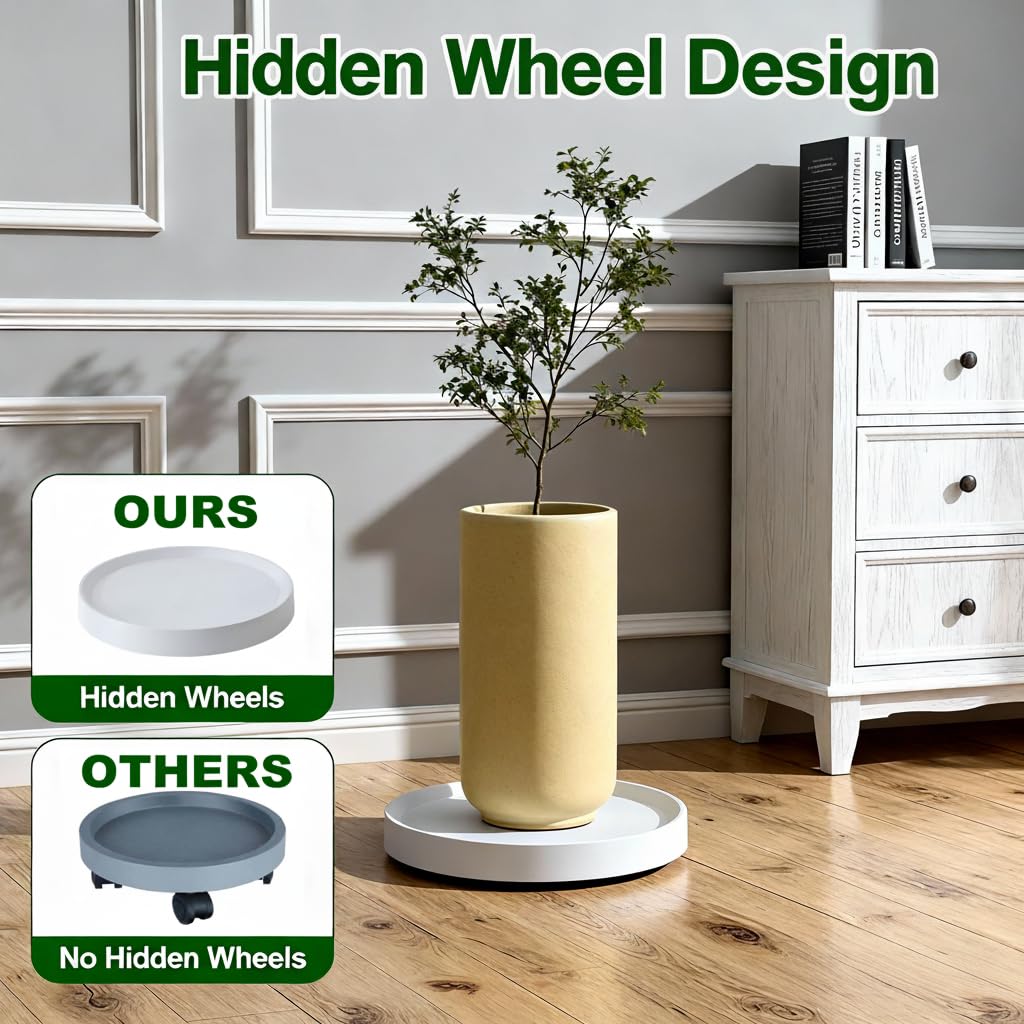 KangTeer 10inch Mobile Plant Stands with Wheels 2Pack White Plant Caddy with Hidden Wheels,Flower Pots Rolling Tary,Round Trolley for Indoor Outdoor (10inch)