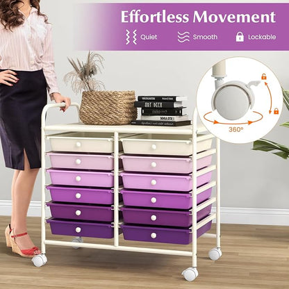 COSTWAY 12-Drawer Rolling Storage Cart, Utility Storage Organizer Cart for Tools, Scrapbook, Paper, Craft, Multipurpose Art Supply Organizer on Wheels for Home Office School, Teacher, Purple Gradient