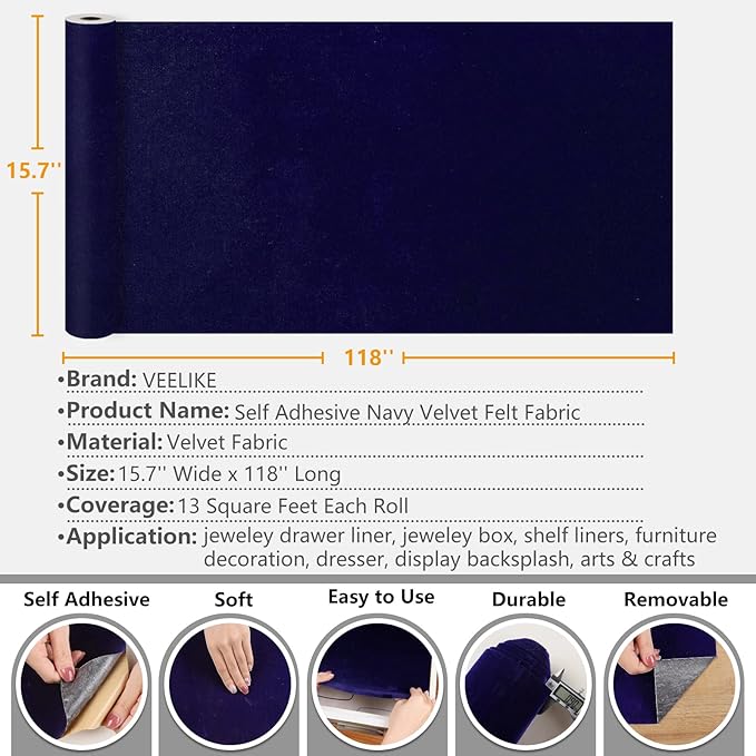 VEELIKE Dark Blue Velvet Fabric Wallpaper Peel and Stick Soft Felt Drawer