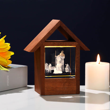 Ornalrist 3D Engraved Holy Family with Lambs Christian Gifts for Women, Wooden House Night Light Religious Gifts for Mom Grandma Christmas Presents for Home Decor
