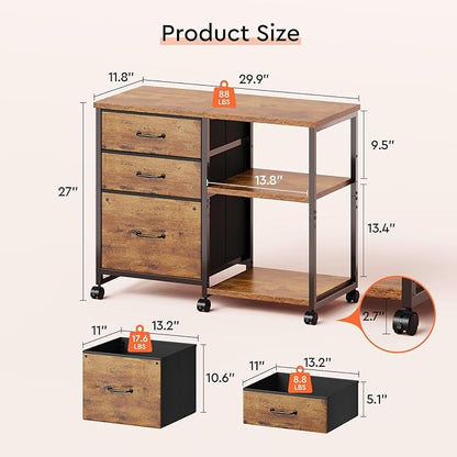 Maihail 3 Drawer File Cabinet with Wheels Rolling Printer Stand with Open Storage Shelf Fabric Lateral Filing Cabinet for Home Office,Rustic Brown2