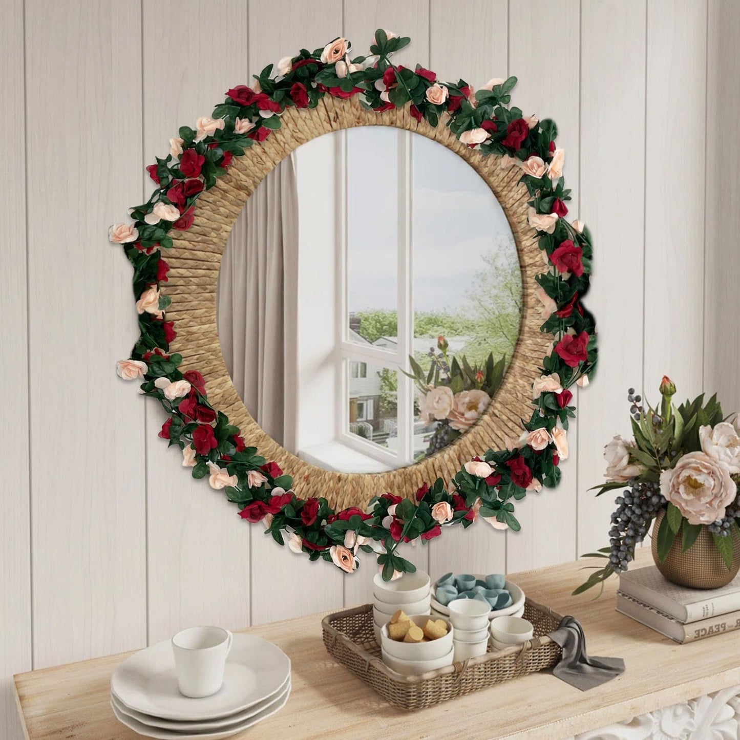 16Pcs 126Ft Burgundy&Champagne Rose Garland, Fake Rose Hanging Flowers, Artificial Flower Vine, Hanging Floral Vine Garland for Wedding, Wall Arch, Halloween, Christmas Garden Backdrop Decor