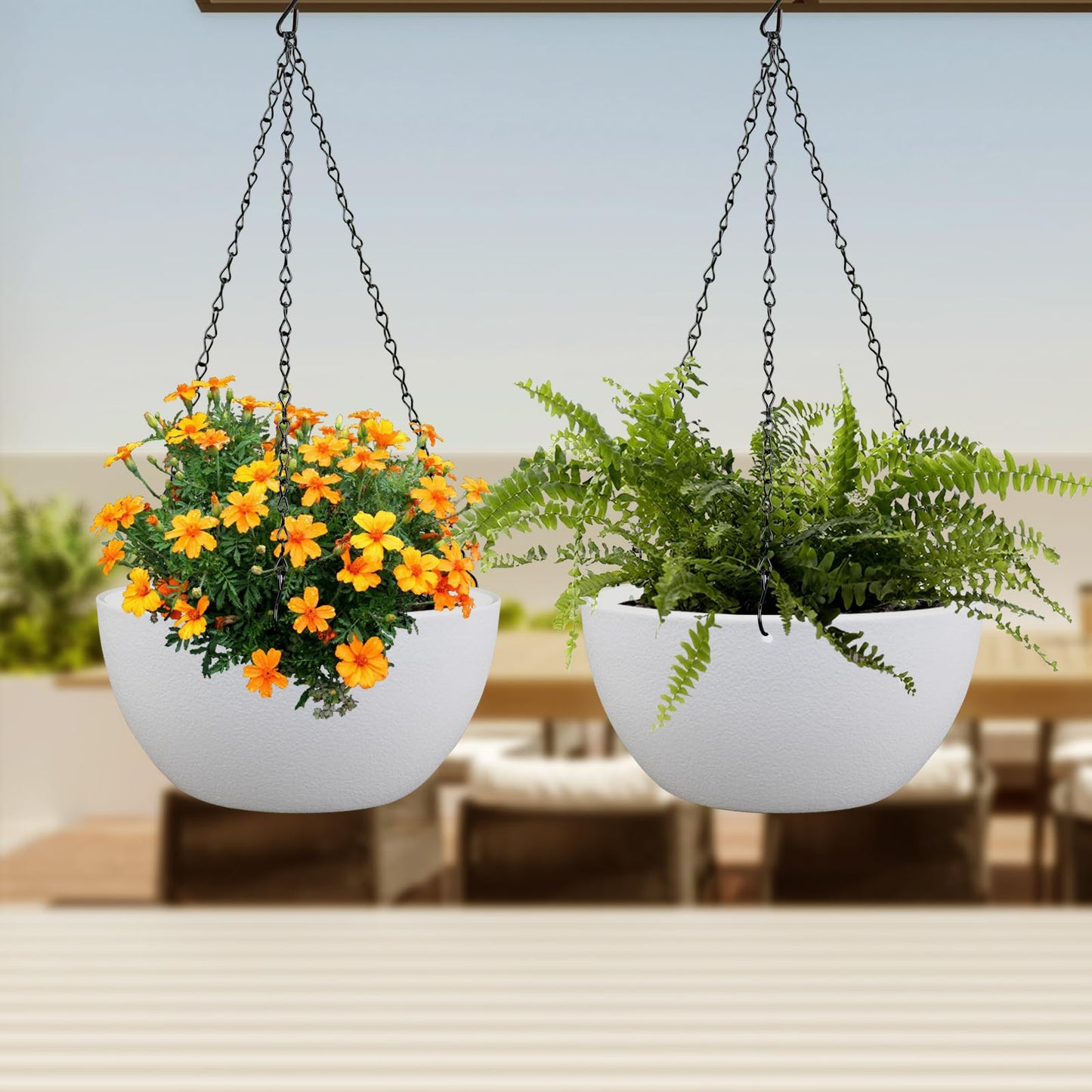 Meowell 10 inch Hanging Planters for Indoor Outdoor Plants, 2 Pack Hanging Flower Pots with Drainage Holes and Chain for Garden Balcony Porch, Round Plastic Hanging Baskets for House Plants, White