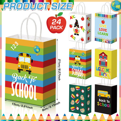 Kolldenn 24 Pcs Welcome Back to School Gift Goodie Bags with Handles First Day of School Party Favors Bags Paper Book Pencil Bus Gnome Candy Treat Pouch for Classroom Party Decorations Supplies