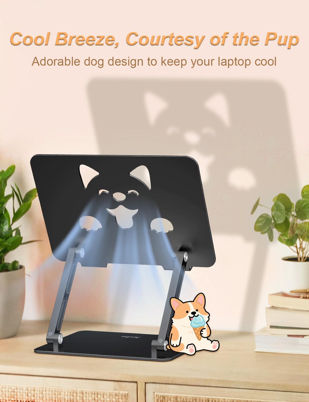 Aoviho Laptop Stand for Desk-Adjustable, Foldable, Portable, Ergonomic Aluminum Notebook Riser with Unique Puppy Cooling Vent, Desk Gift for 10"-17.3" Devices Mac, Dell, HP, Lenovo, Samsung, Black