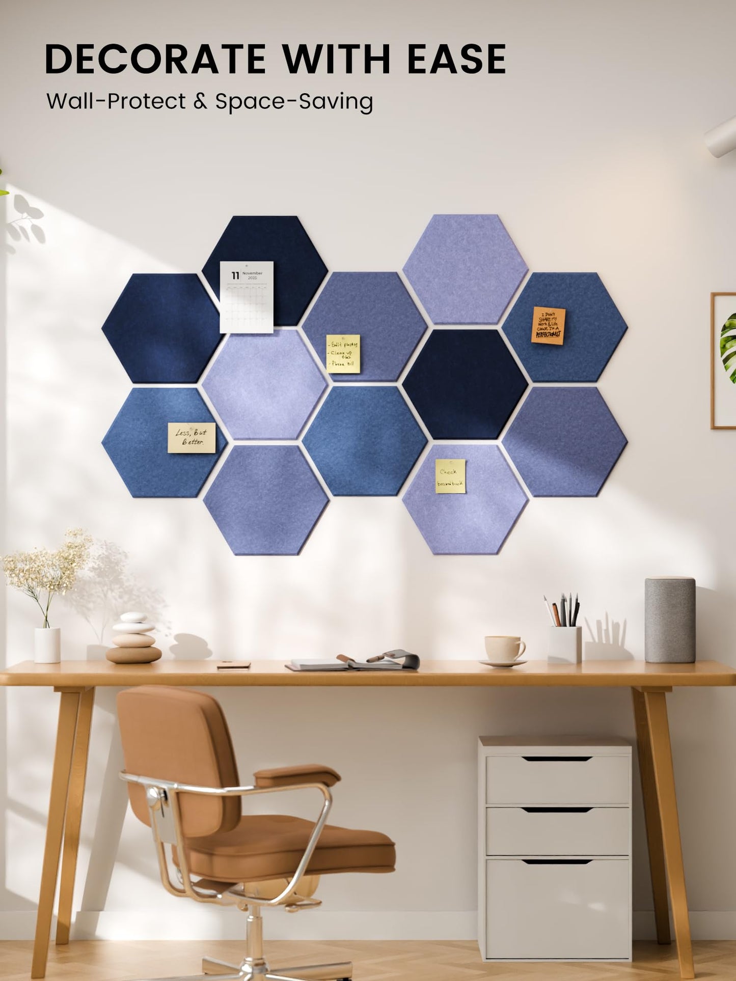Fluxynara Hexagon Cork Board Alternative for Walls Decor-12-Pack Felt Bulletin Board Tiles,with 30 Pushpins,70 Adhesive Tabs for Office,Classrooms & Home Pin Board Felt Board-Denim Mist