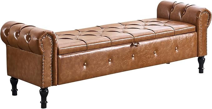 Storage Bench for Bedroom, Faux Leather 67" End of Bed Bench, King Size Bench