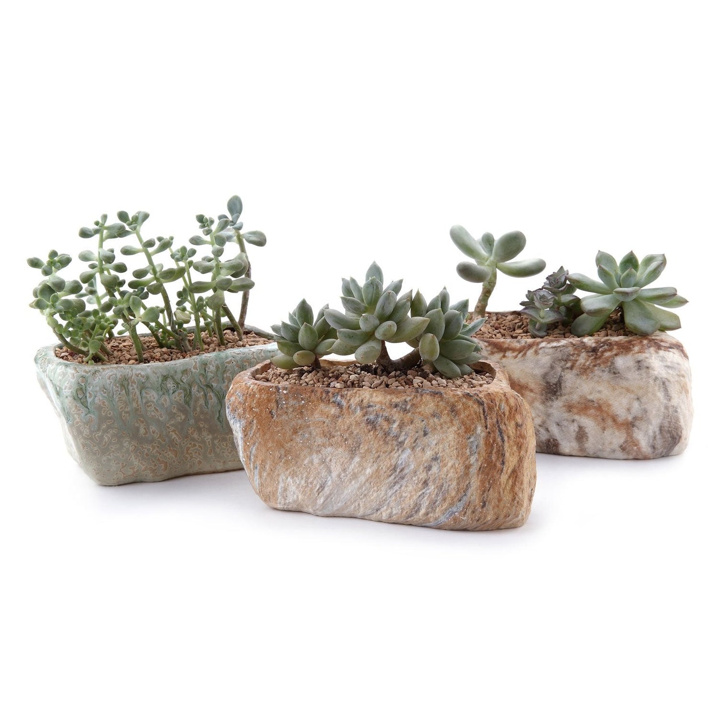 T4U 5.5 Inch Ceramic Succulent Pot Planter with Drainage Hole Set of 3, Stone Shape Rectangle Window Box Cactus Plant Containers Gift for Mom Sister Aunt Best for Home Office Table Desk Decoration