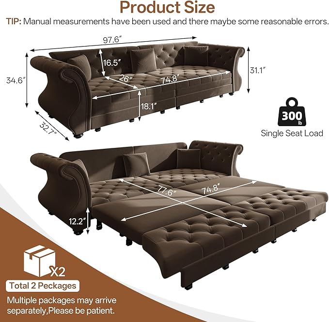 97.6" Oversized Pull Out Sofa Bed, Chesterfield Velvet Sleeper Sofa Couch
