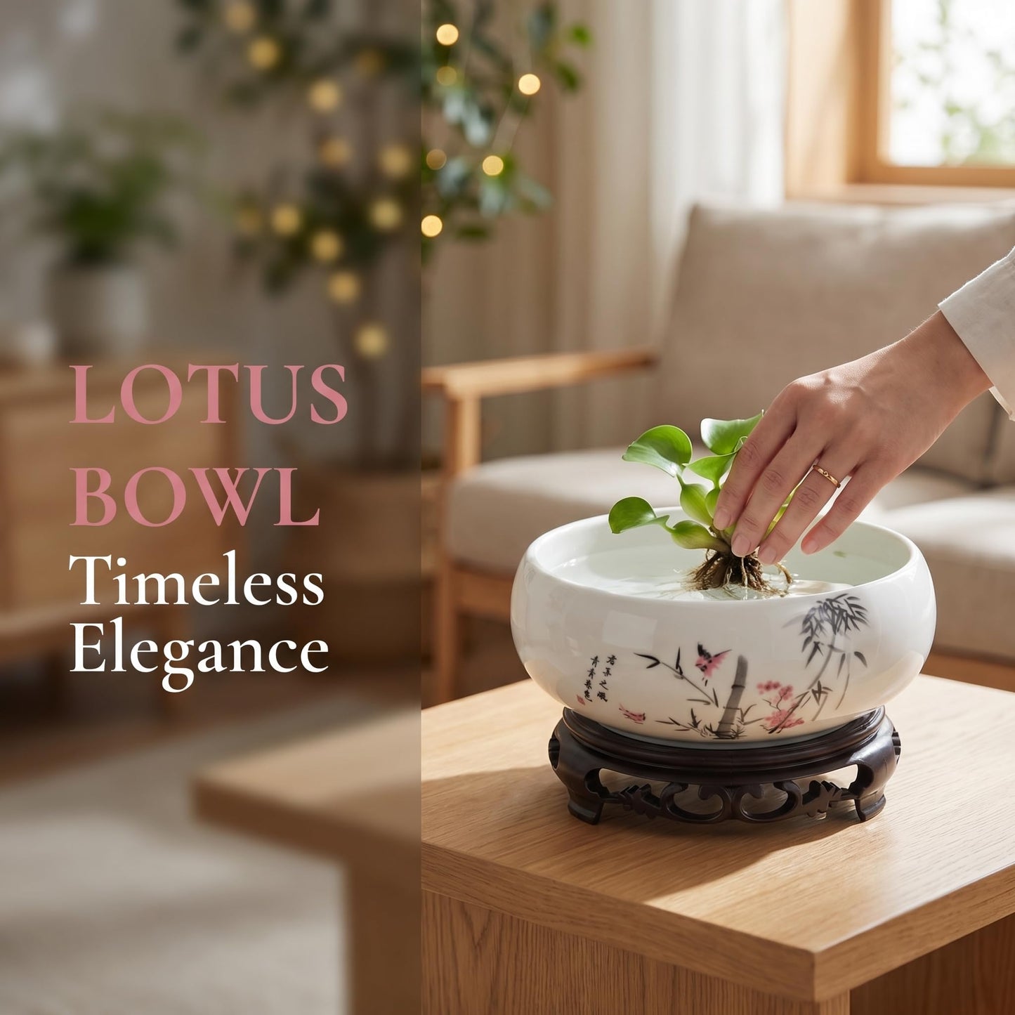 Homoyoyo Ceramic Lotus Bowl, Planter Hydroponic Water Lily Bowl 6.9In Aquatic Plant Pot Wide Shallow Bonsai Planter Succulent Pot Chinese Style Flower with Plastic Base for Indoor Plants Garden