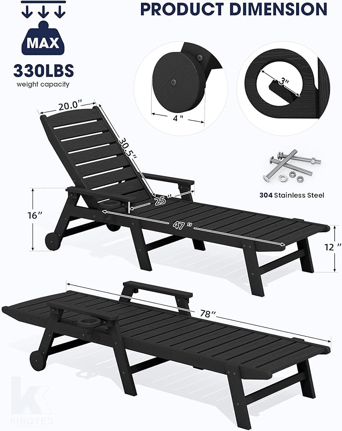 KINGYES HDPE Lounge Chair Outdoor, Patio Chaise Lounge Recliner