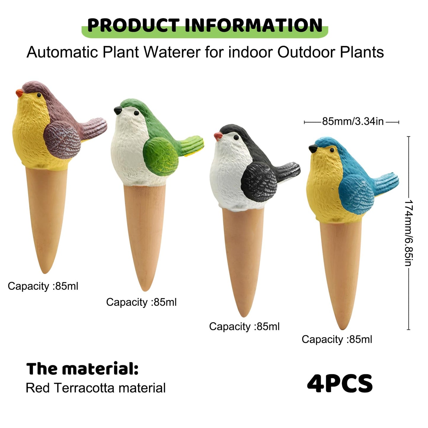 SCmedrichyr 4 Pack Plant Watering Globes - Bird-Shaped Self Plants Watering Spikes with Slow Release, Handmade Terracotta Plant Watering Devices Automatic Vacation for Indoor & Outdoor Potted Plants