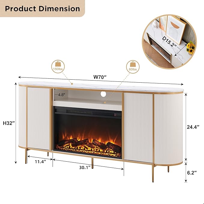 OKD Luxury 70" Fluted Fireplace TV Stand, Modern Chic Entertainment Center