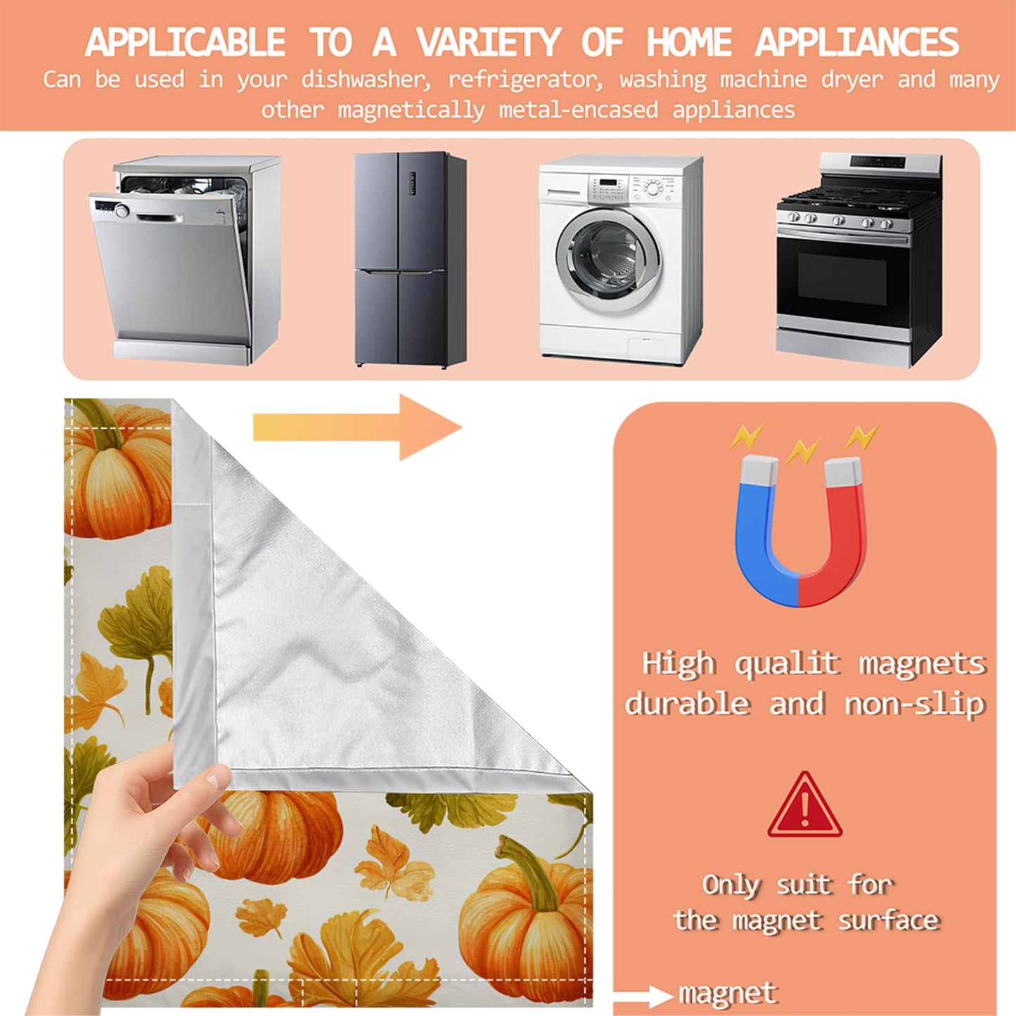 Pumpkins Leaves Refrigerator Magnet Cover, Front Dishwasher Cover Decoration Magnetic Cover for Home Kitchen Appliance 23x26 Inch