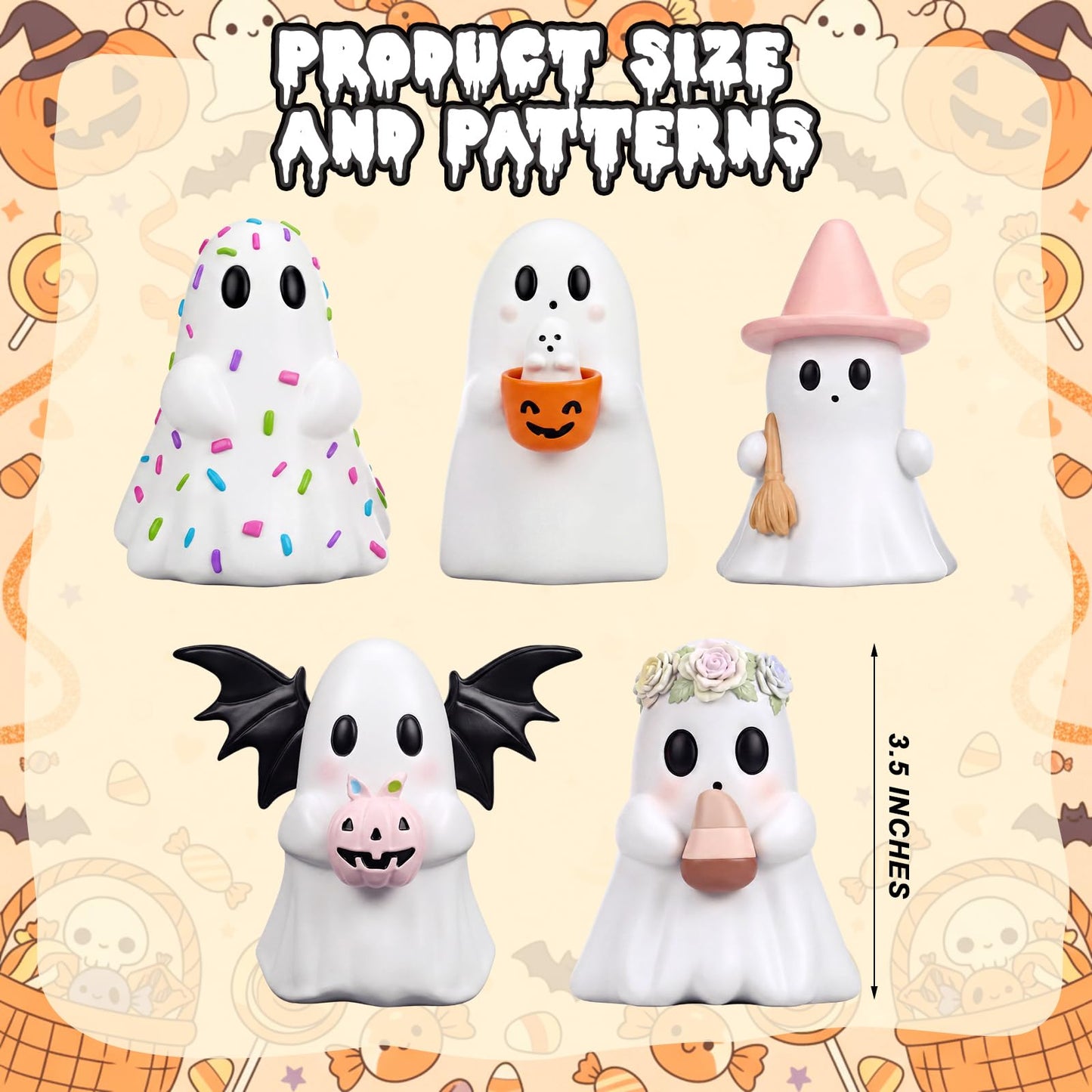 Simgoing 5 Pcs Halloween Cute Ghost Figurines Resin Pastel Halloween Decorations Ghost Figurine with Pumpkin Bucket, Witch Hat, Bat, Candy, Flower Spooky Statue Home Decor for Table Tiered Tray Mantel
