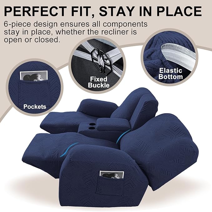 Recliner Loveseat Covers with Console, 6-Piece Stretch Geometric Strokes