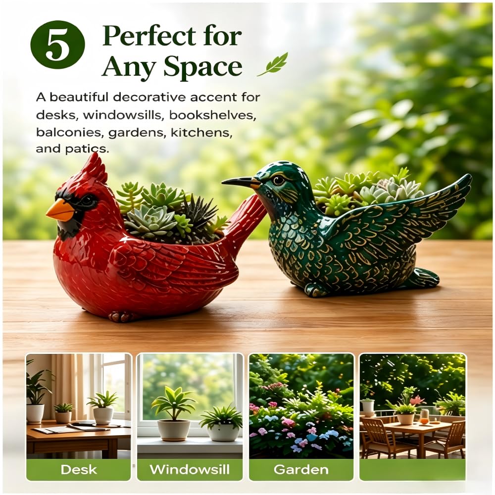 Cardinal Bird Succulent Planter, Red Resin Decorative Flower Pot with Drainage Hole, Cute Bird Plant Pot for Indoor Outdoor Plants, Animal Planter for Desk, Garden, Windowsill, Home Decor Gift (Red)