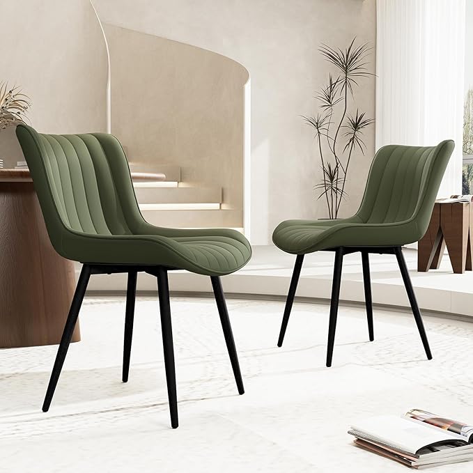 YOUNUOKE Mid-Century Modern Dining Chairs Set of 2, Olive Green Faux Leather