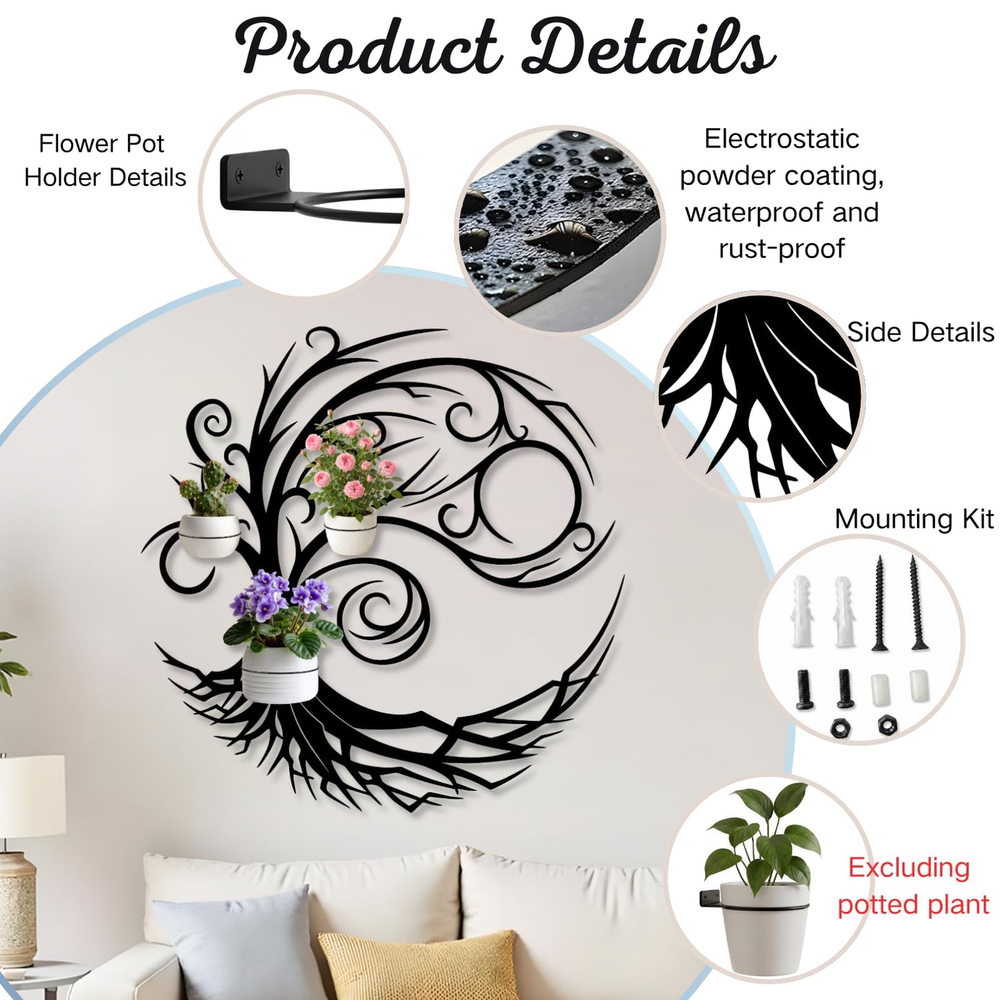 Tree of Life Metal Plant Wall Holders, Metal Tree Wall Mounted Plant Holder, Branch Hanging Planters for Living Room, Kitchen, Fireplace (Black, 35"x 35"| 90x90cm, 3 Pack 5" Flower Pot Holder Ring)