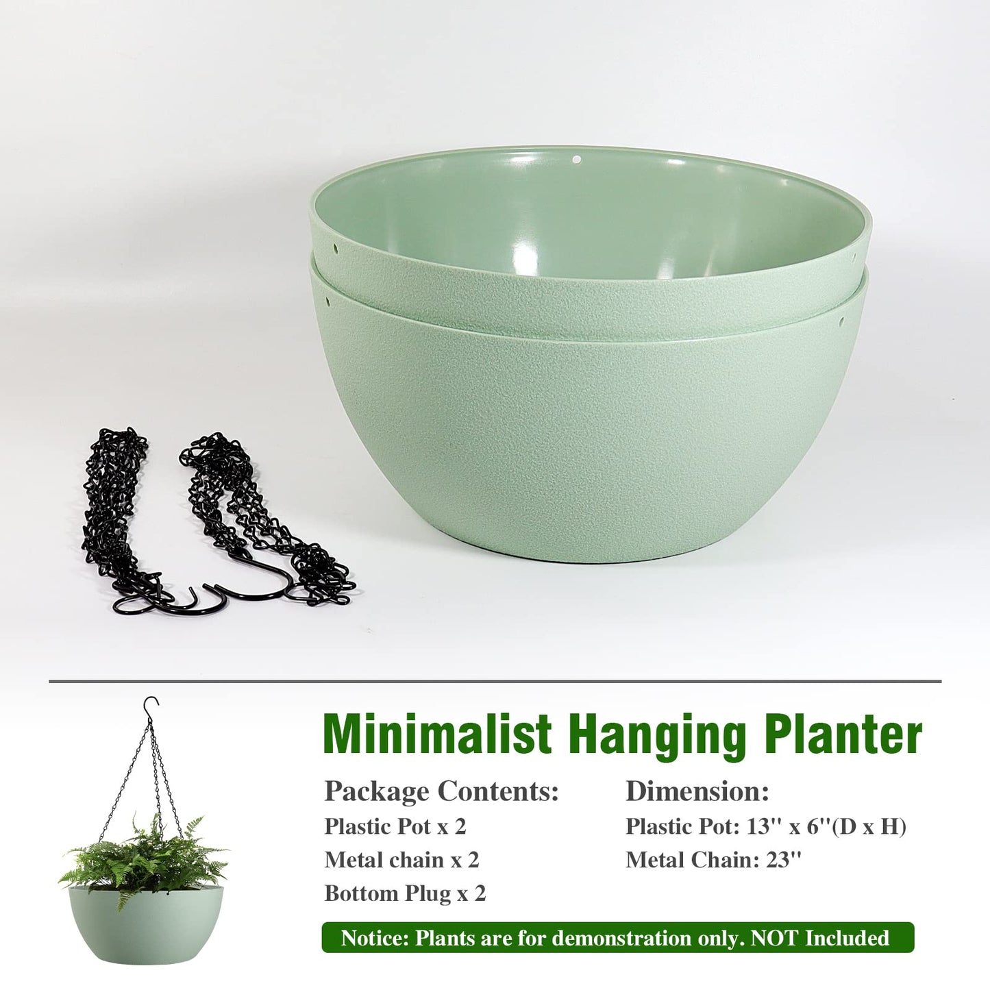 WOUSIWER 13 inch 2 Pack Large Hanging Planters for Indoor Outdoor Plants with Drainage Holes and Chain, Round Hanging Flower Pots for Garden Home Porch Decor, Green