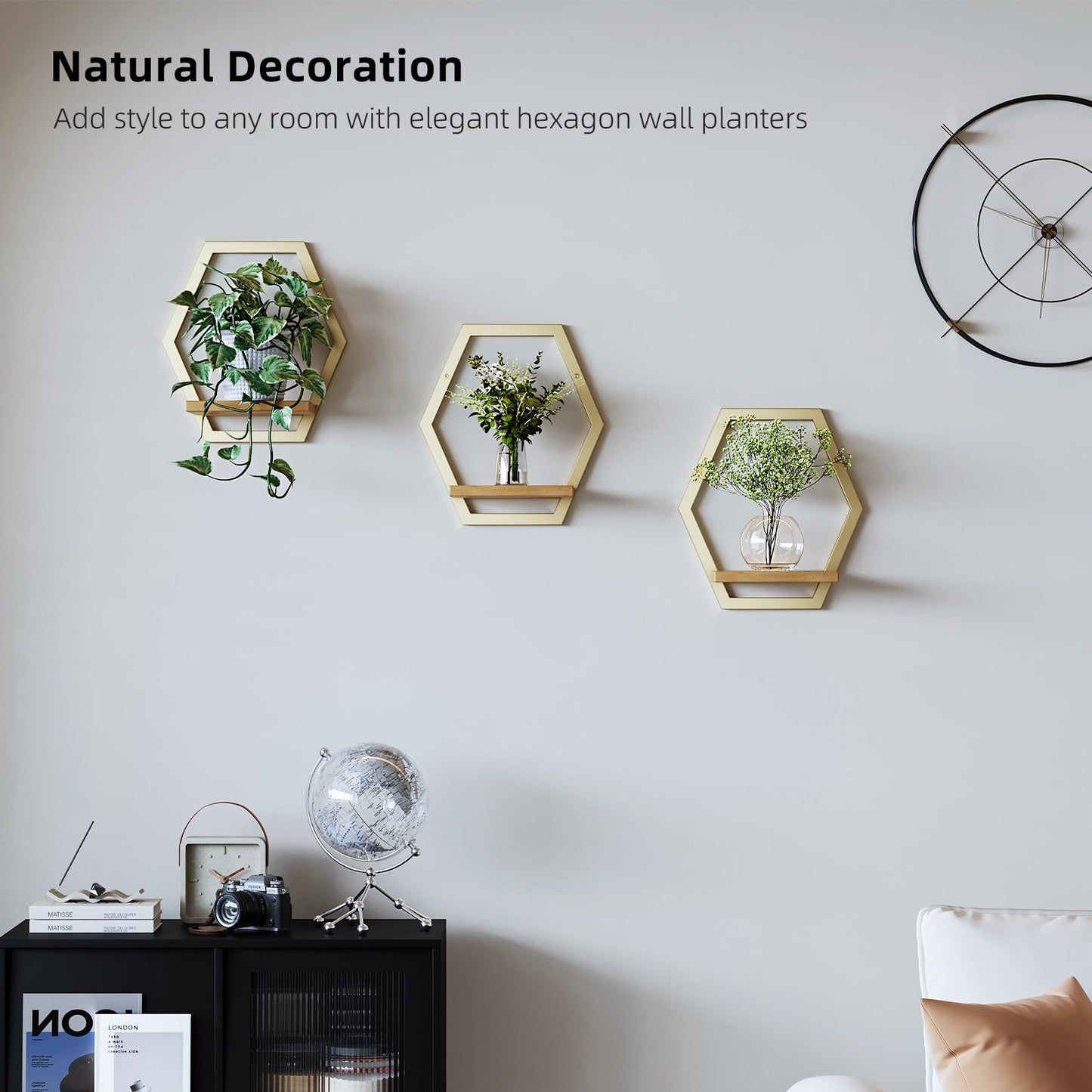Rioneta 3 Pack Natural Wood & 25 LB Load Metal Wall Plant Holders, 9 inch Solid Wooden Shelf, Mid Century Hanging Planter for Indoor Plants Golden