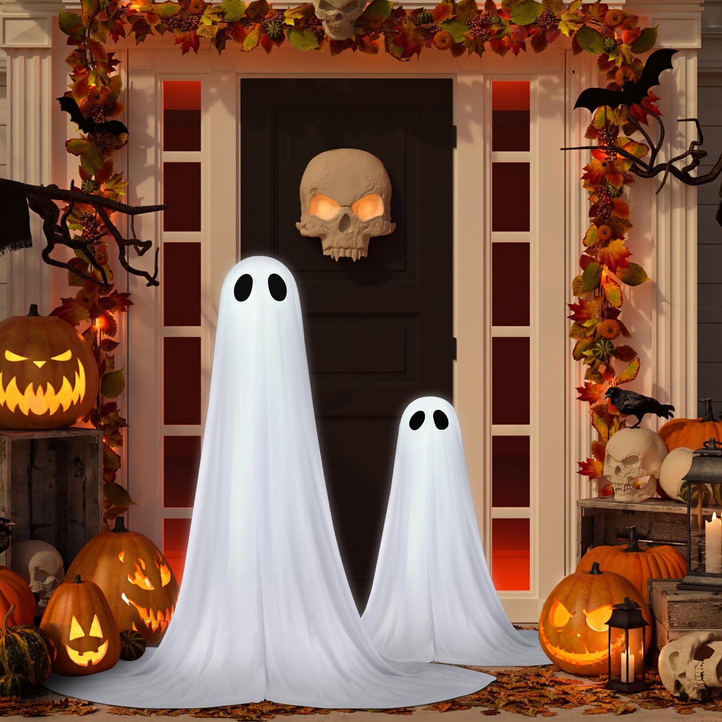 2 Pack Halloween Ghosts Outdoor Spooky Ghost Decorations Outside 36'' & 18'' Tall White Light Timer Function Standing Scary Light Up Ghost Kit for Porch, Courtyard, Party, Haunted Houses (White)