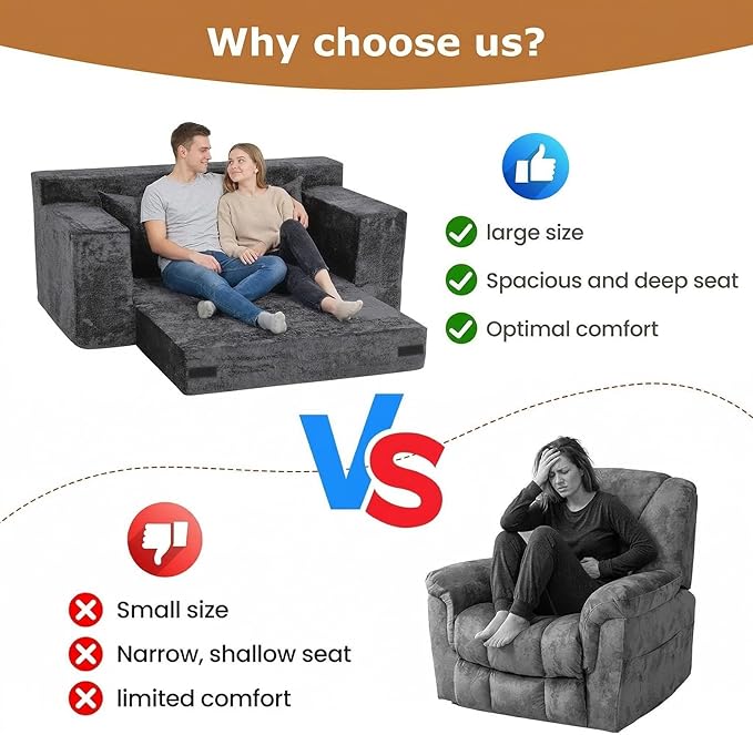 Loveseat Sofa Bed, Convertible Silky Velvet 5-in-1 Foldable Boneless Sleeper