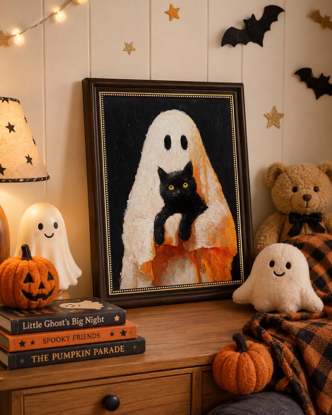 Ghost and Black Cat Wall Art 9x11, Dark Brown Framed Canvas Print, Cute Spooky Ghost Holding Cat Picture, Halloween Room Decor for Cat Lovers