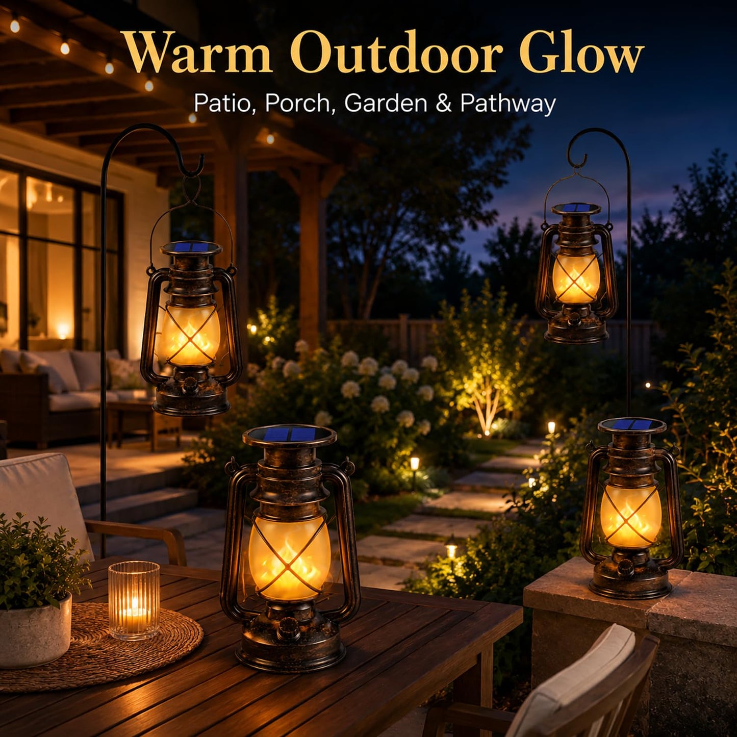 Solar Lantern Outdoor Hanging Solar Lights Dancing Flame Led Waterproof Camping Lamps, Landscape Decor for Table Patio Garden Yard Pathway Porch 2 Pack