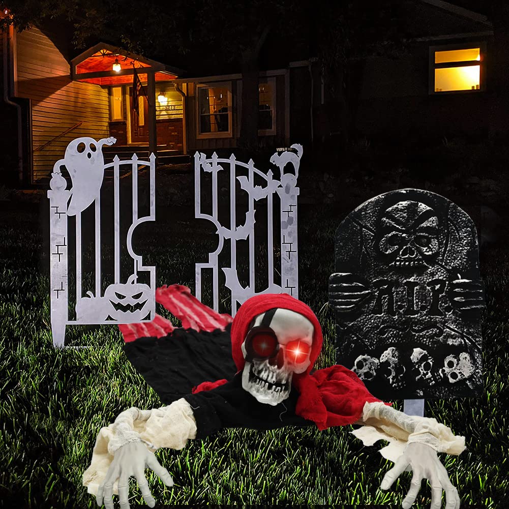 Halloween Groundbreaker Decoration, Scary Skeleton Decorations with LED Light and Sound Effect for Halloween Outdoor, Lawn, Yard, Patio, Haunted House Decorations